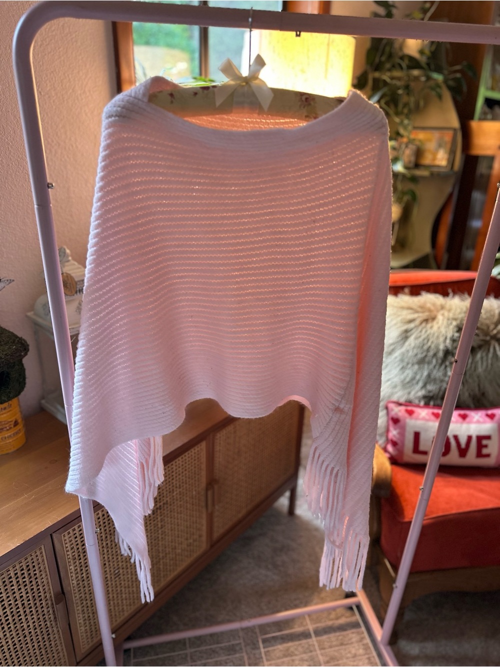 Y2K Soft Pink Fringe Knit Women's poncho